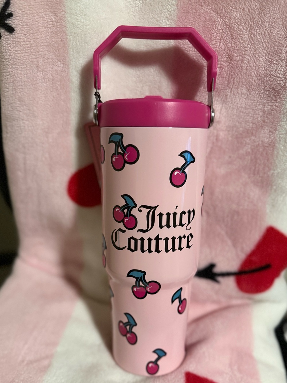 NWT Juicy Couture Pink Cherry Insulated Travel Mug with Handle, 30 oz